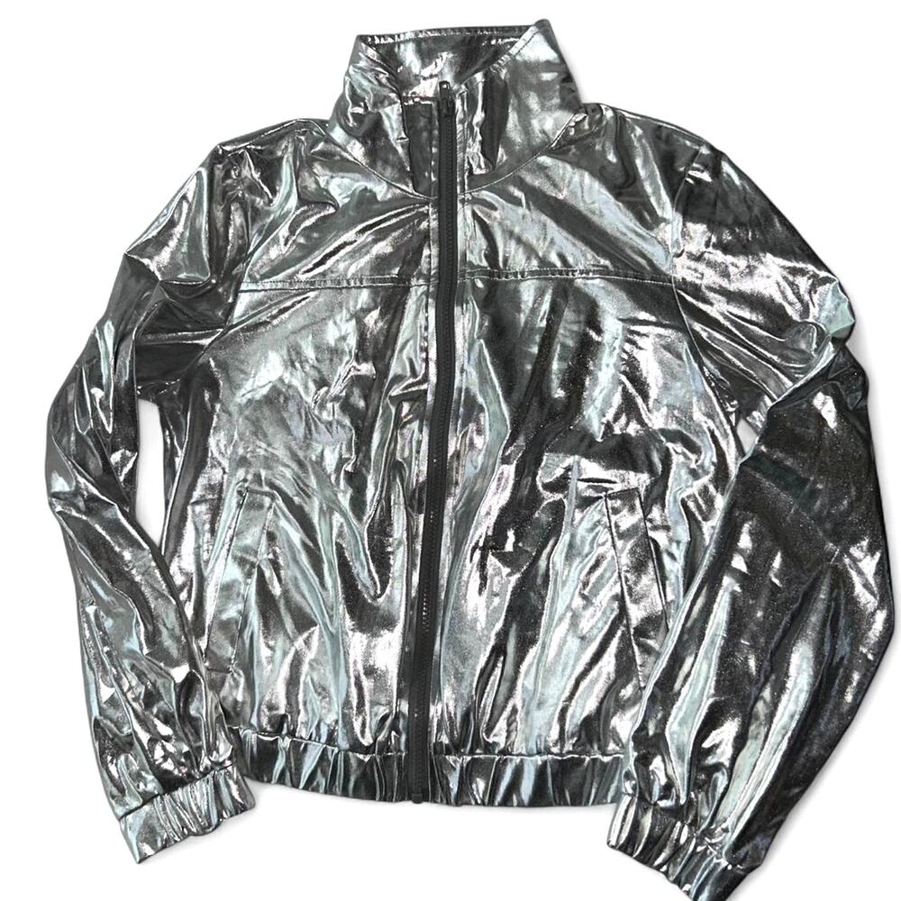 Allegra K Silver Metallic Windbreaker Jacket Y2K 90S Vintage Vibe Streetwear M
